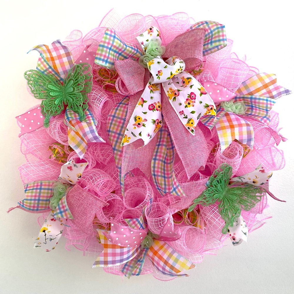 Hand Crafted Deco Mesh Wreath Pink Butterfly Wreath Baby Shower Spring Summer